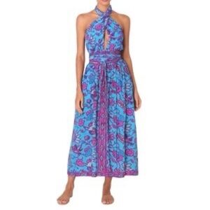 NWT Caroline Constas Flare Smocked Turquoise Halter Maxi Dress large